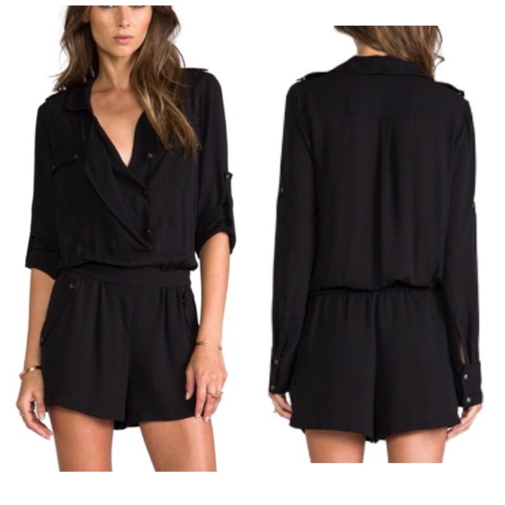 BCBG MAXAZRIA Terra Romper Black Button Placket S Long Sleeve